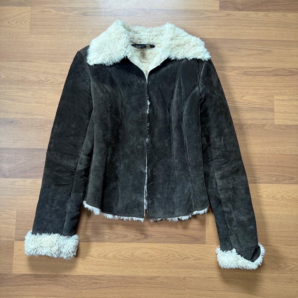 Women's Y2k Express Brown Suede Leather Shearling Clasp Jacket Sz Small (5/6)